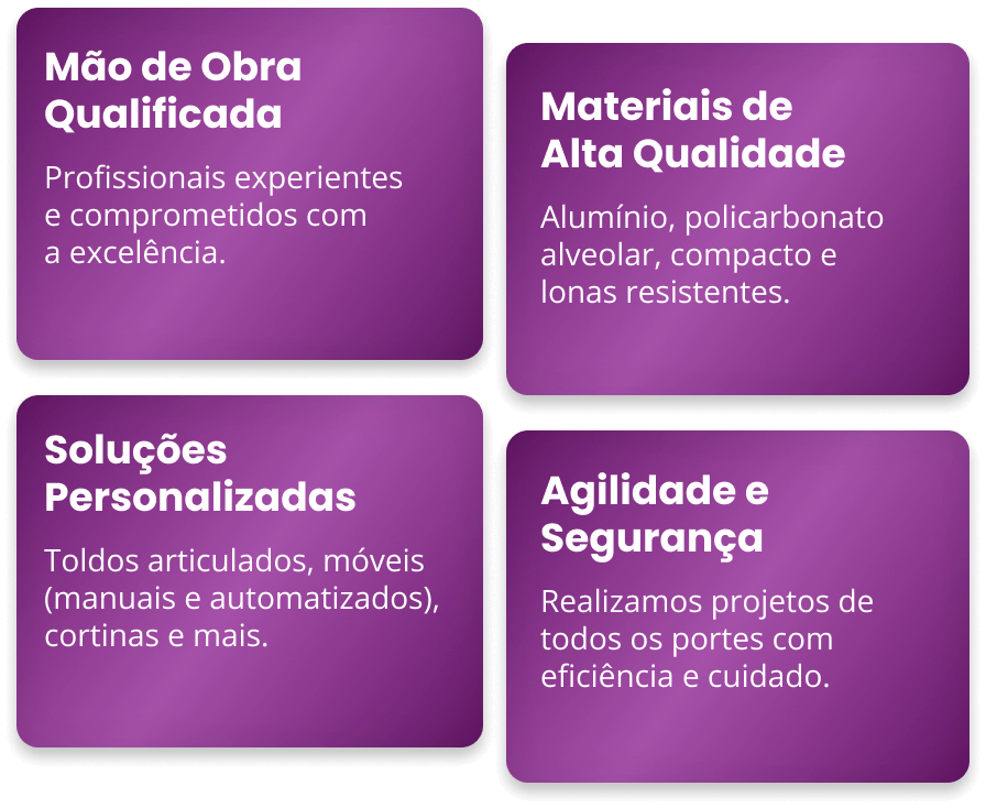 Porque escolher a KM Toldos? Mão de obra qualificada: Profissionais experientes e comprometidos com a excelência. Materiais de alta qualidade: Alumínio, policarbonato alveolar, compacto e lonas resistentes. Soluções personalizadas: Toldos articulados, móveis (manuais e automatizados), cortinas e mais. Agilidade e Segurança: Realizamos projetos de todos os portes com eficiência e cuidado.